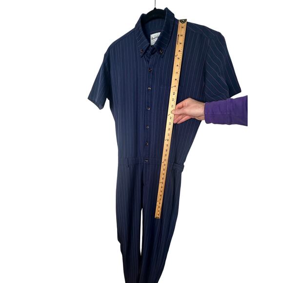 NEW! RomperJack Men's M Navy Chateaux Pinstripe Jumpsuit Slim Short Sleeve Blue - Picture 6 of 9